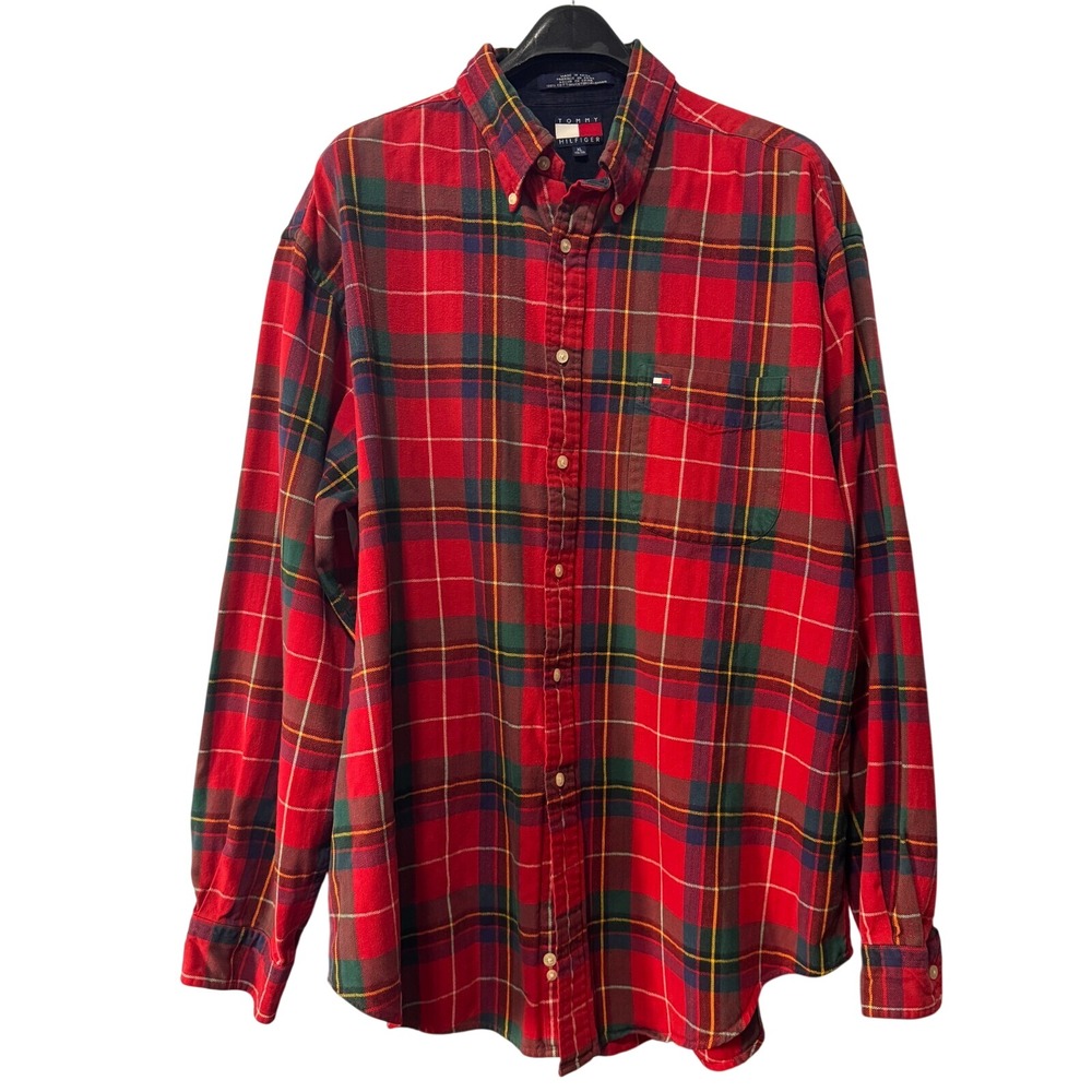 Tommy‎ Hilfiger Mens XL Red Plaid Button Down Shirt Cotton Long Sleeve Tartan